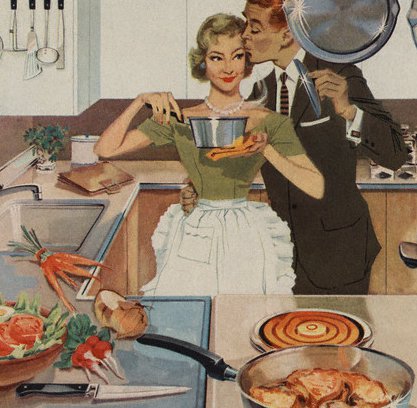 Magazine Illustration of Husband Kissing Wife in Kitchen