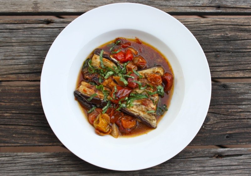 Rolled Eggplant with Oven Roasted Tomatoes