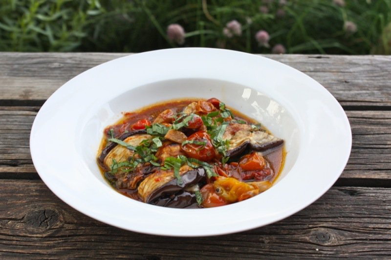 Rolled Eggplant with Oven Roasted tomatoes