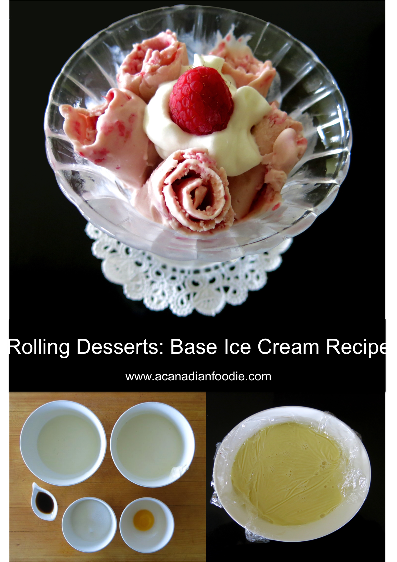 Rolling Desserts Basic Ice Cream Custard Recipe is the base for the Ice Plate: add fruits, nuts, sauces and flavourings.