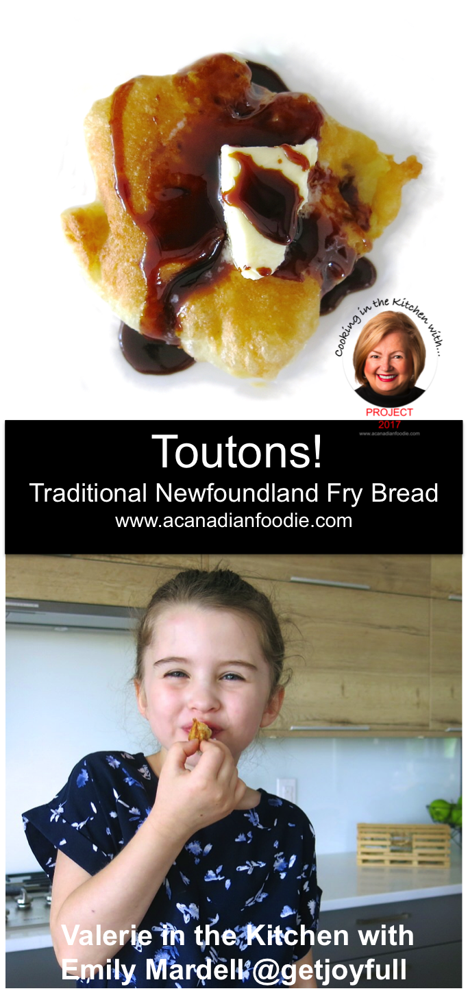 Traditional Newfoundland Toutons: In the Kitchen with Emily Mardell at GetJoyfull with mother, Joy, and daughter, Sela! Step-by-step images! #ACFValerieCookingWithYou Traditionally served with Fancy Molasses and Butter, Partridgeberry Jam is also delicious with them.