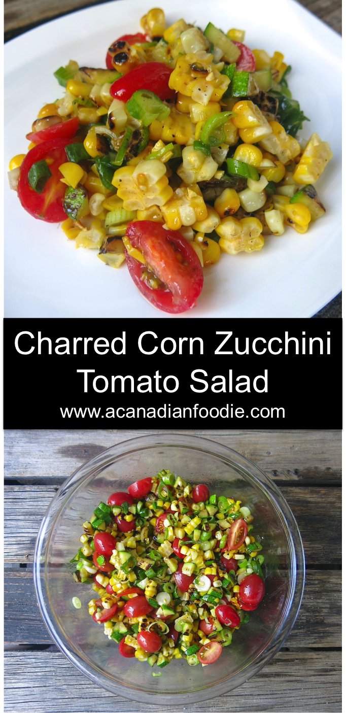 Charred Corn Zucchini Tomato Salad is a simple celebration of the August Harvest in a Bowl. Delicious, nutritious, pretty and economical! #summersalad #harvestsalad