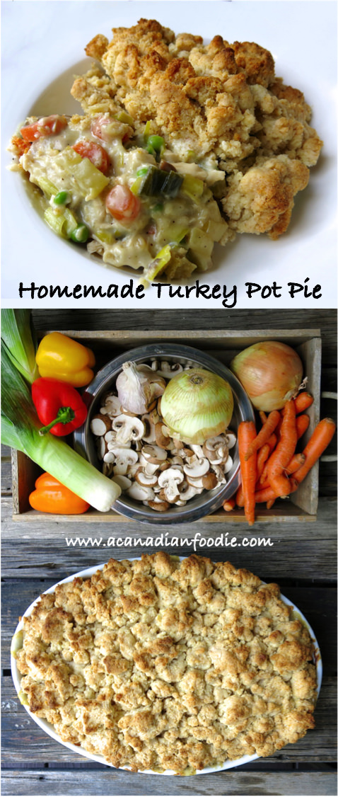 Homemade Turkey Pot Pie with Buttermilk Biscuit Topping is a great way to use leftover turkey. This traditional Canadian prairie recipe is a complete meal with a crisp side salad. #turkeypotpie #turkeypie #Canadianfood