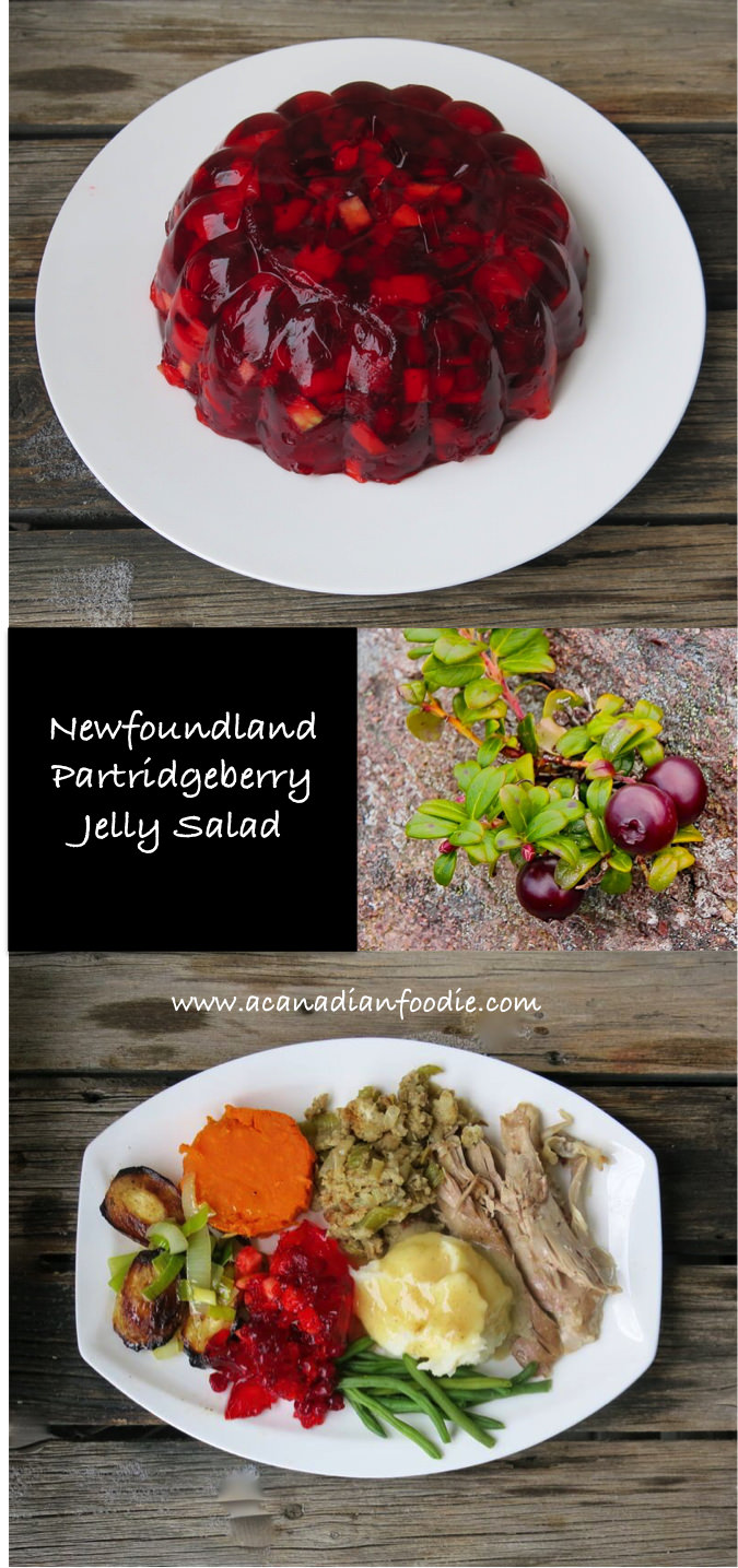 Partridgeberry Jelly Salad is a very simple, delicious Newfoundland Holiday Meal Recipe. This jewelled bobble is a perfect foil for a rich festive turkey dinner. It has become a family staple. The hard part is accessing the scrumptious partridgeberries! #partridgeberry #partridgeberrysalad #Canadianberries